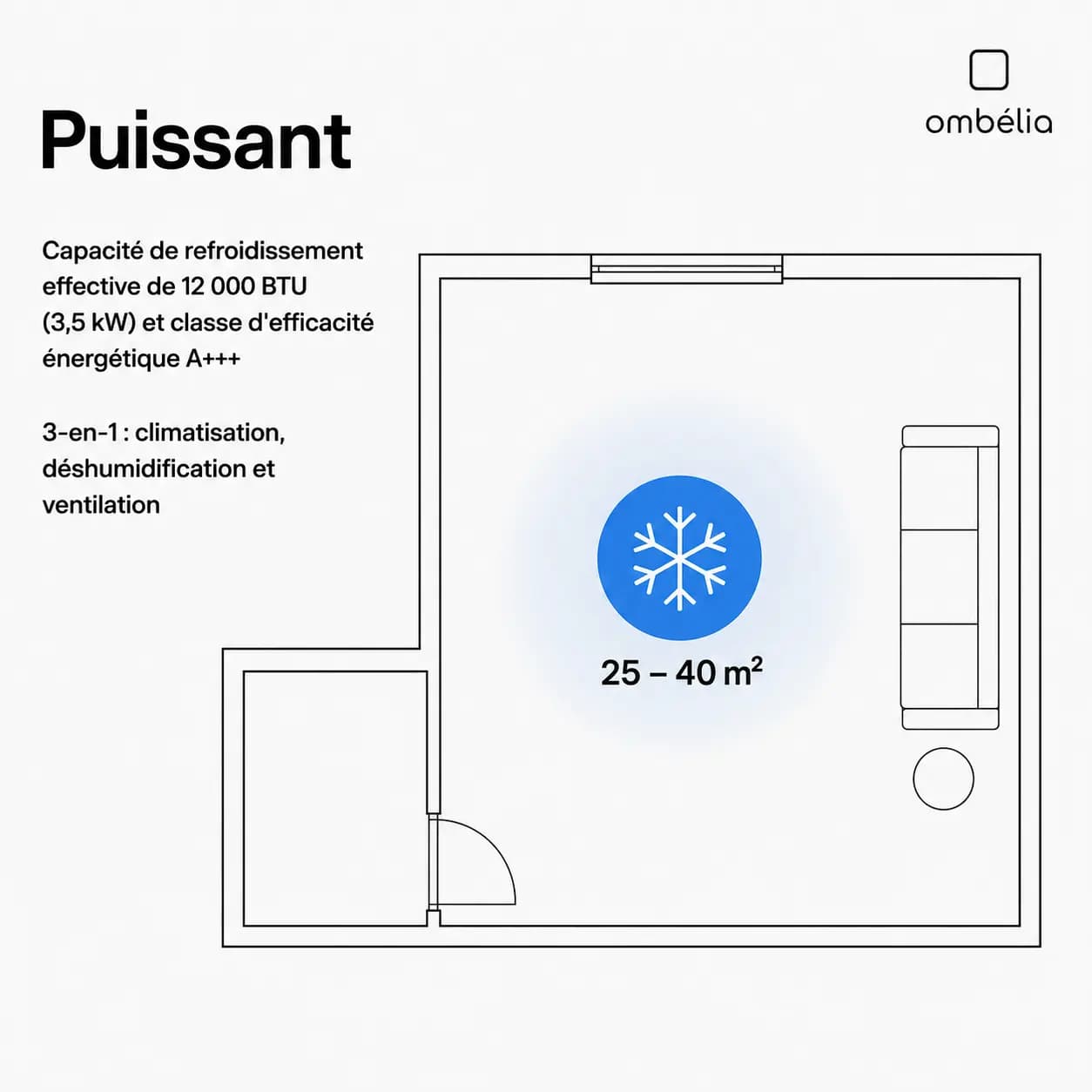 Surface rafraîchie : 25 à 40 m² avec 12 000 BTU, classe A+++, 3-en-1